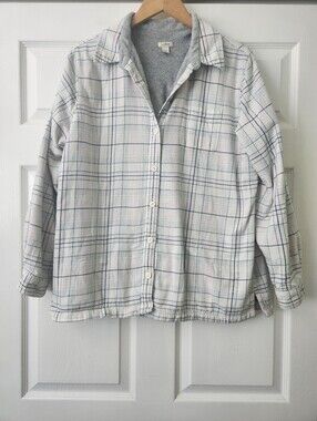 L.L. Bean Light Gray Pink & White Plaid Button-Down Jacket - Women's Large